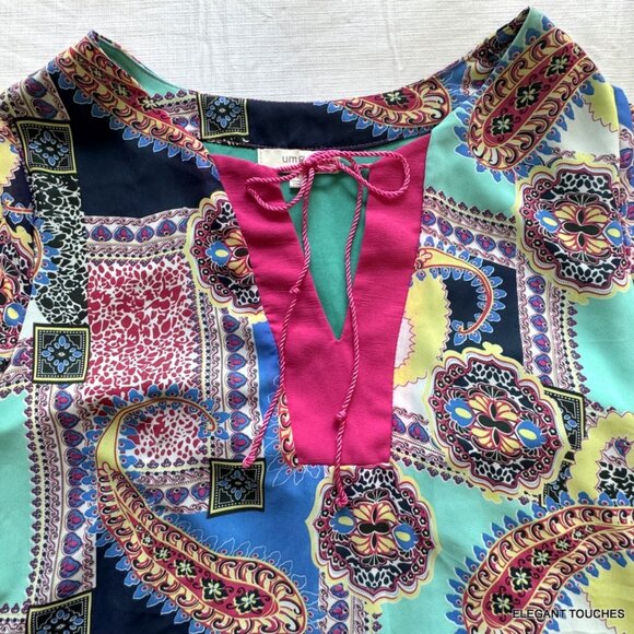 UMGEE Paisley Tunic Dress L Womens Boho Shift Colorful Knit Lined Flared Sleeve - Picture 2 of 12